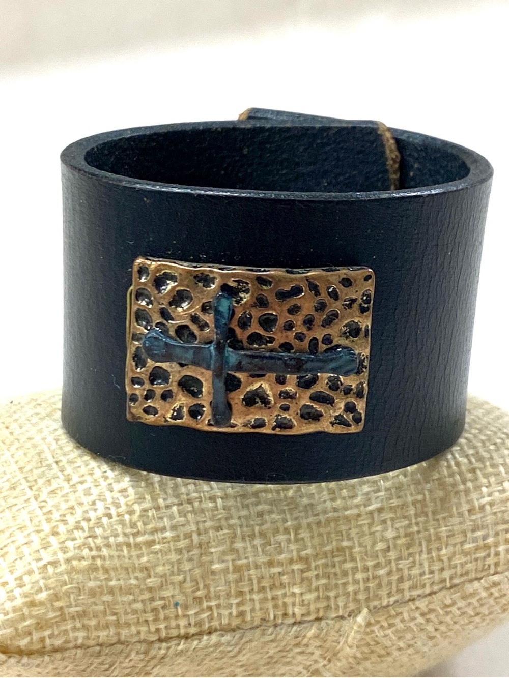 Vintage Black Leather Cuff Bracelet with Antiqued Bronze Cross Accent